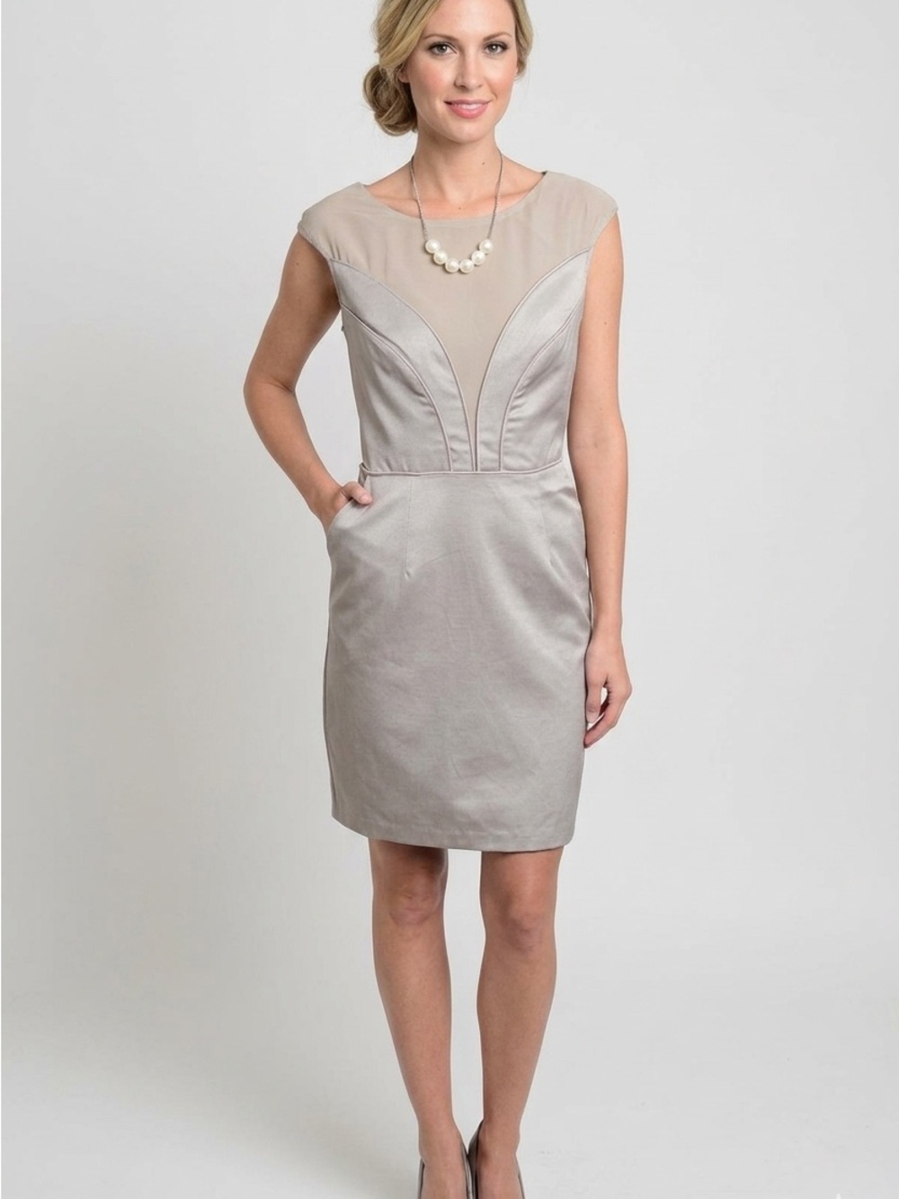 Bellezza taupe cocktail dress with a contoured pencil silhouette
